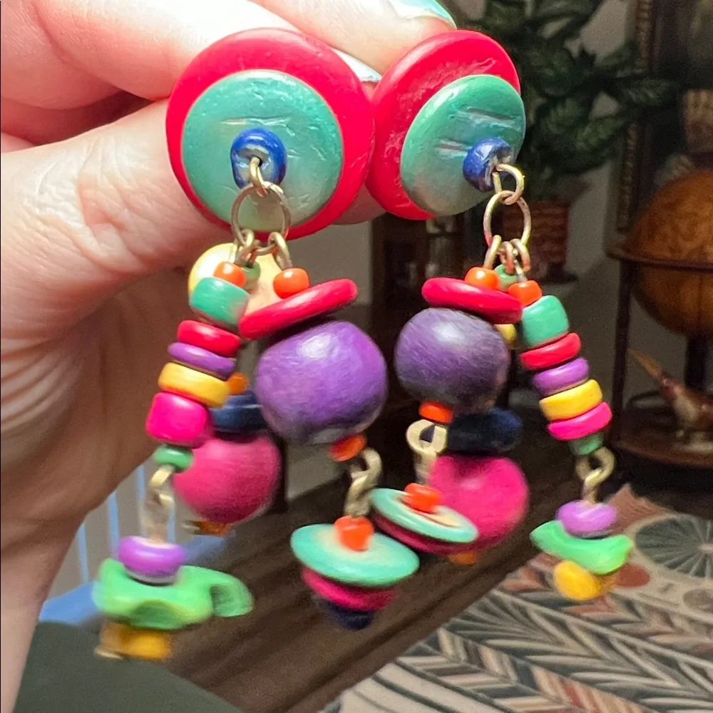 Funky VTG 80s 90s Boho Colorful Multicolor Wood Beaded Statement Earrings